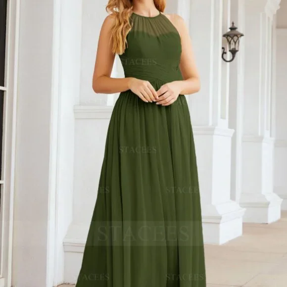 *UNOPENED* STACEES Long A-line Halter Chiffon *Olive* Bridesmaid Dress W/ Pleats - Picture 4 of 4
